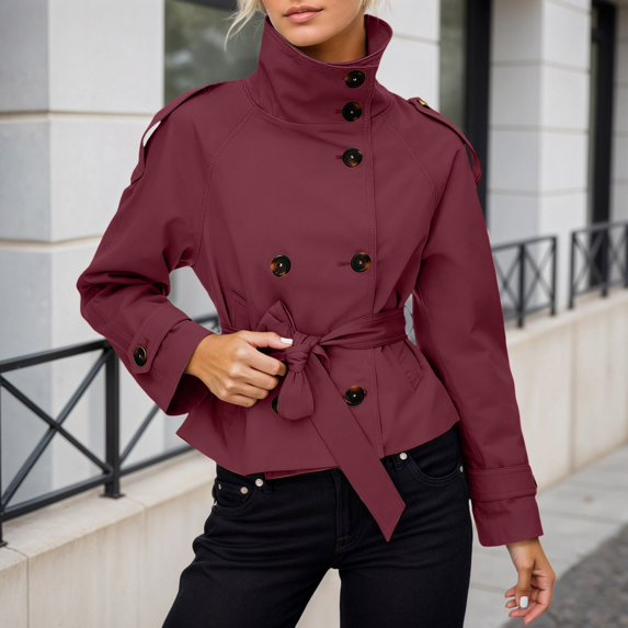 YMNXA Women'S Trench Coat Long Sleeve Stand Collar Solid Color Button Comfortable Cropped Jacket With Belt For Daily Wear Red M
