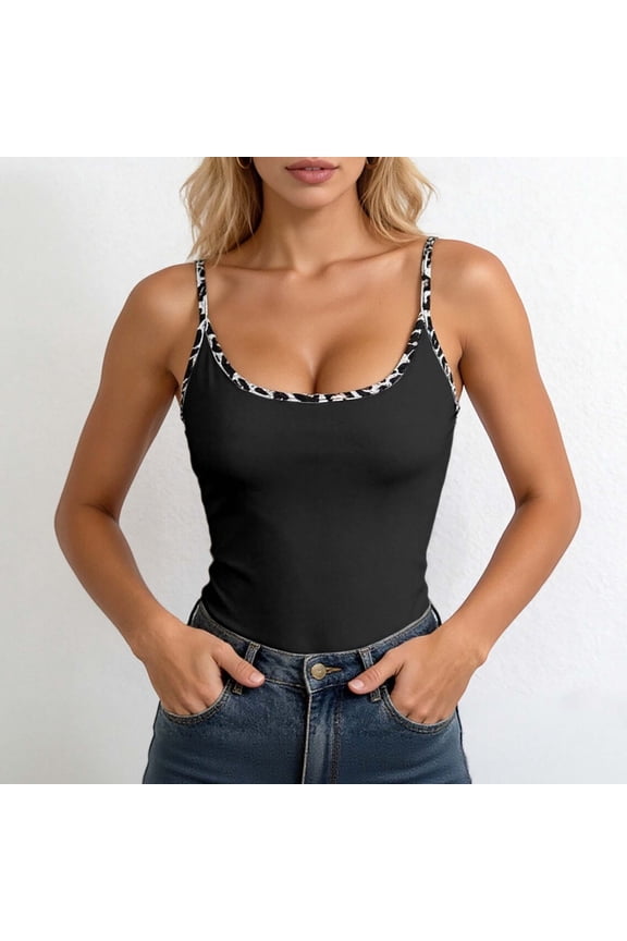 Women's Camisole Sleeveless Spaghetti Strap Leopard Print Comfortable Elegant Slim Fit Knit Tank Top For Casual Daily Wear,Black,Xs