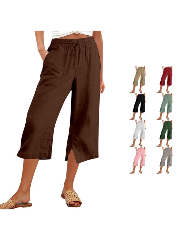 Women's Capri Pants Elastic Waist Drawstring Solid Color Straight Fit Comfort Fashion Trousers With Pocket For Everyday Wear,Coffee,Xxl