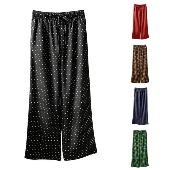 YMNXA Women's Casual Pants Elastic Waist Drawstring Wide Leg Polka Dot Print Summer Lightweight Trousers For Everyday Wear,Black,Xl