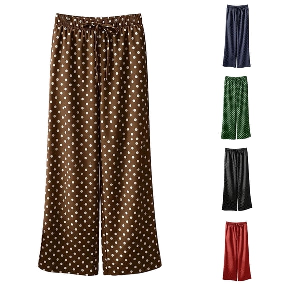 YMNXA Women's Casual Pants Elastic Waist Drawstring Wide Leg Polka Dot Print Summer Lightweight Trousers For Everyday Wear,Coffee,Xxl