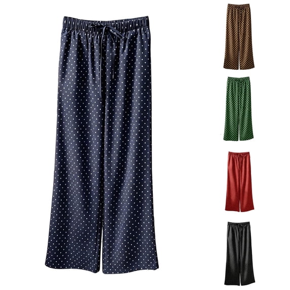 YMNXA Women's Casual Pants Elastic Waist Drawstring Wide Leg Polka Dot Print Summer Lightweight Trousers For Everyday Wear,Navy,L