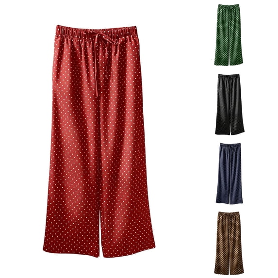 YMNXA Women's Casual Pants Elastic Waist Drawstring Wide Leg Polka Dot Print Summer Lightweight Trousers For Everyday Wear,Red,M