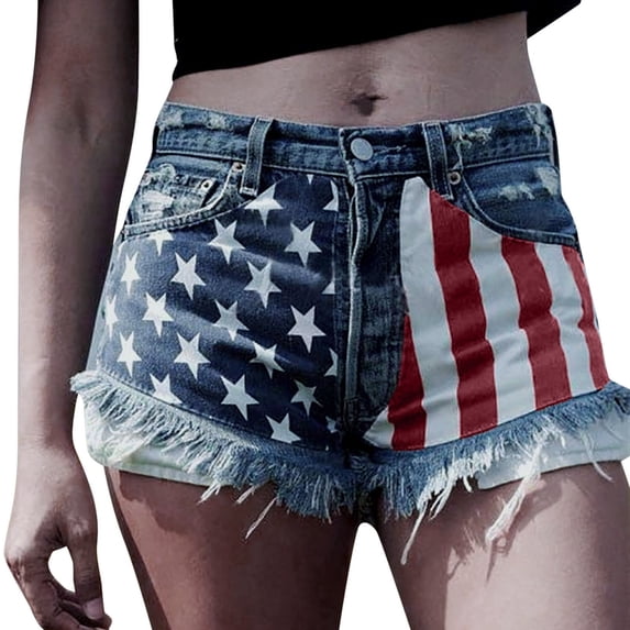 YMNXA Women's Denim Shorts Independence Day Ripped Us National Printed High Waisted Frayed Hem Comfortable Fashion Jeans Shorts For Party,Blue,Xl
