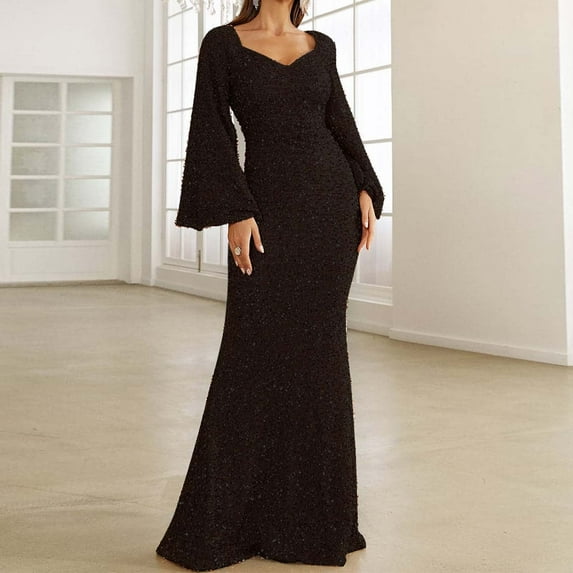 YMNXA Women's Dress Flared Sleeve V Neck Solid Color Sequin Evening Gown Elegant Fashion Dresses For Party Black L