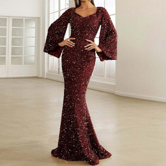 YMNXA Women's Dress Flared Sleeve V Neck Solid Color Sequin Evening Gown Elegant Fashion Dresses For Party Wine M
