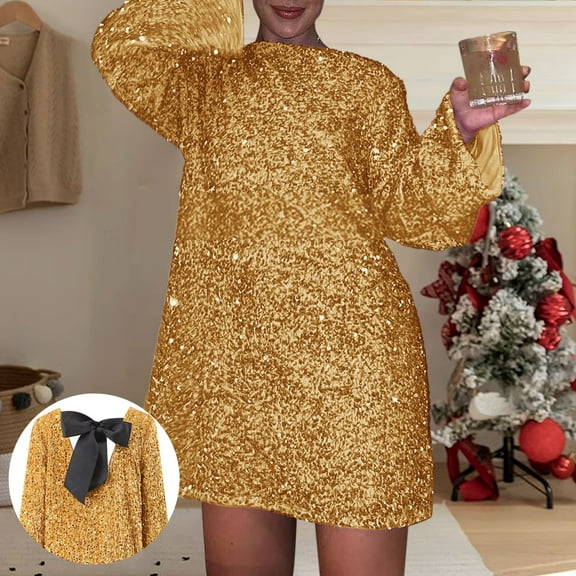 YMNXA Women's Dress Long Sleeve Round Neck Solid Color Sequins Bow Design Elegant Comfortable Dresses For Daily Wear And Party Gold Xl