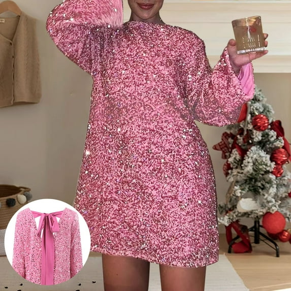 YMNXA Women's Dress Long Sleeve Round Neck Solid Color Sequins Bow Design Elegant Comfortable Dresses For Daily Wear And Party Rd1 S