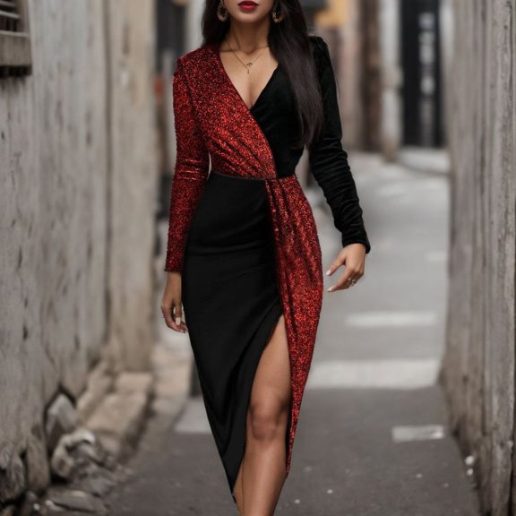 YMNXA Women's Dress Long Sleeve V Neck Color Block Retro Style Elegant Slim Fit Dresses For Casual Daily Wear And Party Red M