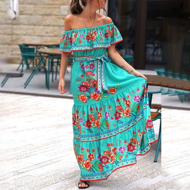 YMNXA Women's Dress Off Shoulder Floral Print Elegant Comfortable Swing Maxi Dresses For Casual Daily Wear Mint Green M