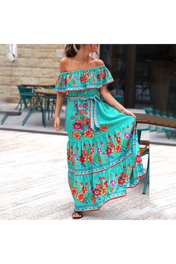 Women's Dress Off Shoulder Floral Print Elegant Comfortable Swing Maxi Dresses For Casual Daily Wear Mint Green Xxxl