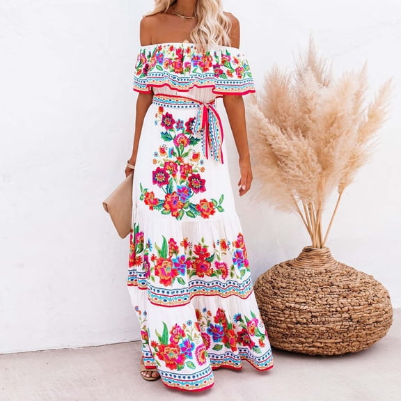 YMNXA Women's Dress Off Shoulder Floral Print Elegant Comfortable Swing Maxi Dresses For Casual Daily Wear Red M