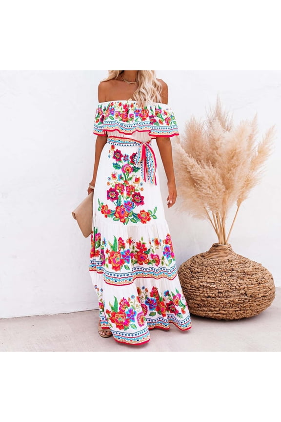 Women's Dress Off Shoulder Floral Print Elegant Comfortable Swing Maxi Dresses For Casual Daily Wear Red M
