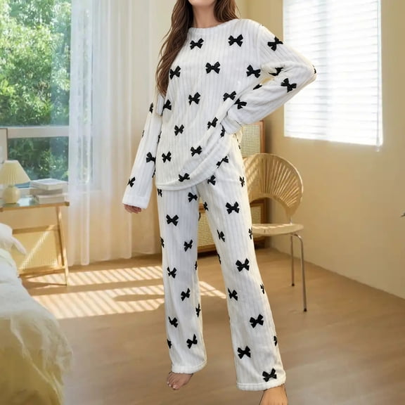 YMNXA Women's Flannel Pajama Set Long Sleeve Round Neck Bow Print Top And Pant Comfortable Soft Loungewear Outfits For Daily Wear White L