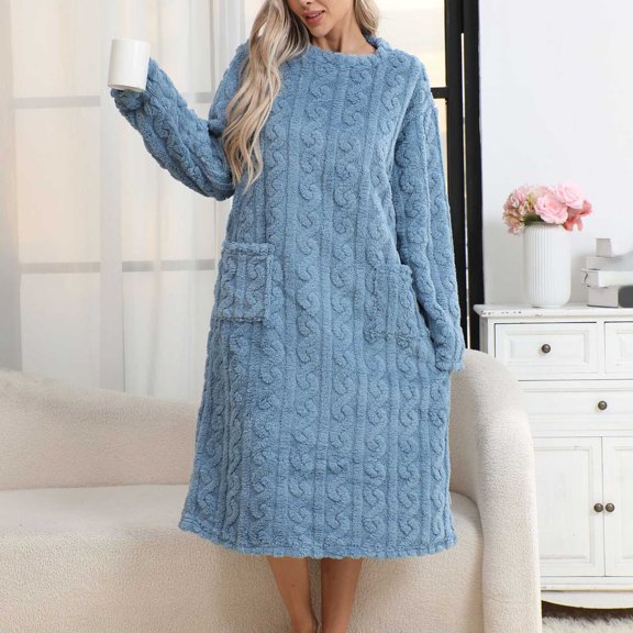 YMNXA Women's Fuzzy Nightdress With Pocket Long Sleeves Solid Color Round Neck Thickened Warm Soft Sleepwear For Autumn Winter Daily Wear Blue L