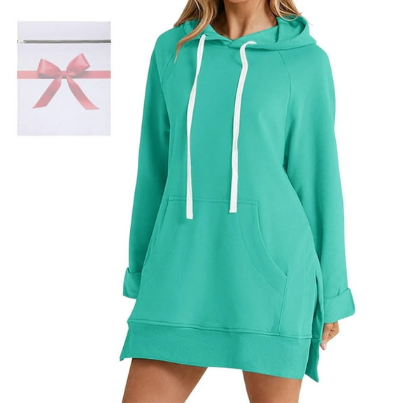 YMNXA Women's Hooded Dress With Pocket Drawstring Long Sleeve Solid Color Loose Fit Comfortable Dresses For Daily Wear Green M