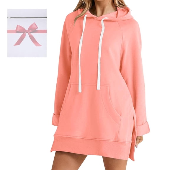 YMNXA Women's Hooded Dress With Pocket Drawstring Long Sleeve Solid Color Loose Fit Comfortable Dresses For Daily Wear Pink M