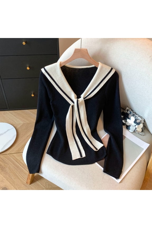 Women's Knit Sweater Long Sleeve Sailor Collar Patchwork Comfortable Fashion Blouse Top With Detachable Cape For Casual Daily Wear,Black,One Size