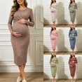 thumbnail image 1 of YMNXA Women's Maternity Dress Long Sleeve Crew Neck Solid Color Comfortable Breathable Pregnant Dresses For Casual Daily Wear,Beige,L, 1 of 6