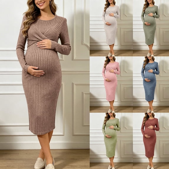 YMNXA Women's Maternity Dress Long Sleeve Crew Neck Solid Color Comfortable Breathable Pregnant Dresses For Casual Daily Wear,Beige,L