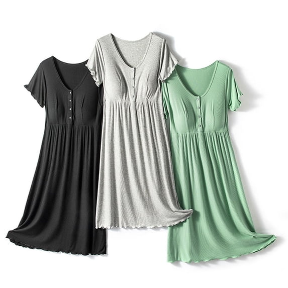 YMNXA Women's Maternity Dress Short Sleeve Crew Neck Solid Color Button Comfortable Breathable Pregnant Dresses For Casual Daily Wear,Black,L