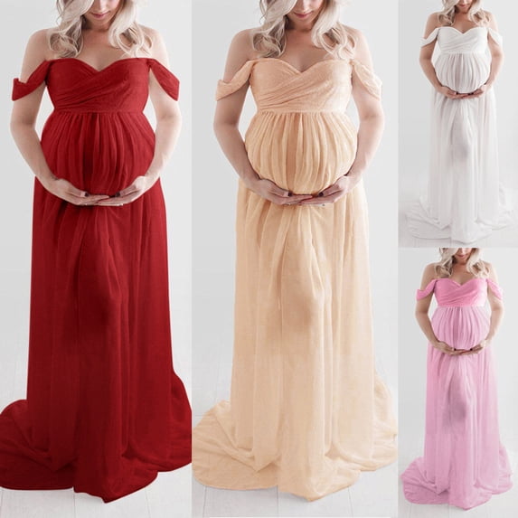 YMNXA Women's Maternity Dress Sleeveless Off Shoulder Solid Color Mesh Elegant Floor Length Pregnant Dresses For Photography,White,Xl