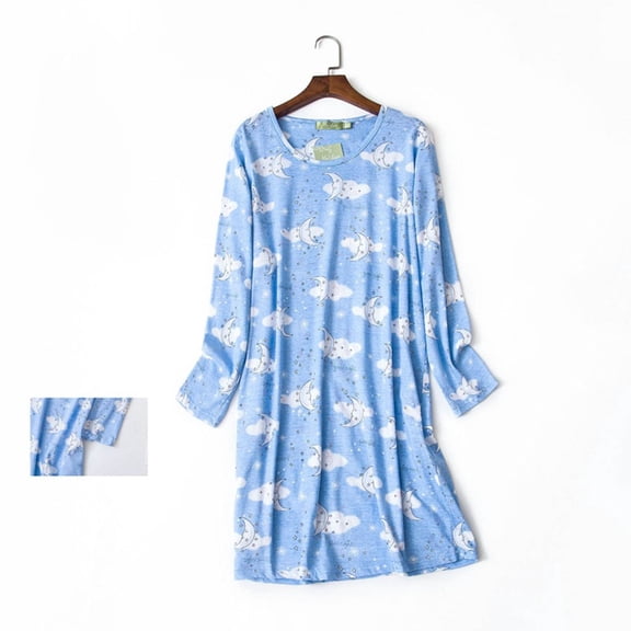 YMNXA Women's Nightdress Long Sleeves Cartoon Print Round Neck Comfortable Soft Sleepwear For Autumn Winter Daily Wear Dark Blue S