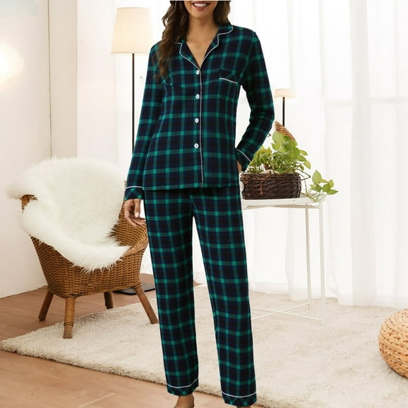YMNXA Women's Pajama Set Long Sleeve Lapel Buttons Plaid Print Top And Pant Comfortable Soft Loungewear Outfits For Daily Wear Green L
