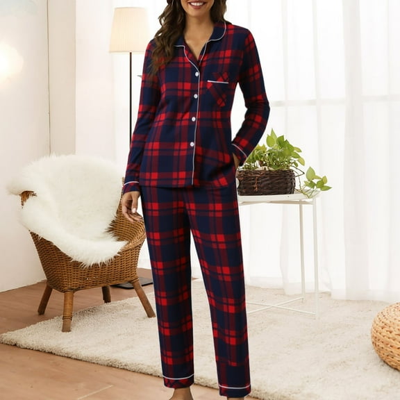 YMNXA Women's Pajama Set Long Sleeve Lapel Buttons Plaid Print Top And Pant Comfortable Soft Loungewear Outfits For Daily Wear Red M