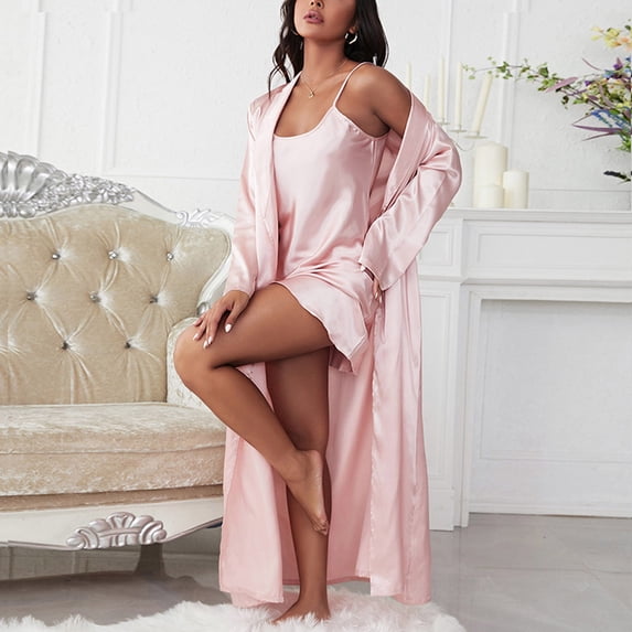 YMNXA Women's Pajama Set Long Sleeve Solid Color Robe And Suspenders Nightdress Fashion Soft Loungewear For Daily Wear Pink S