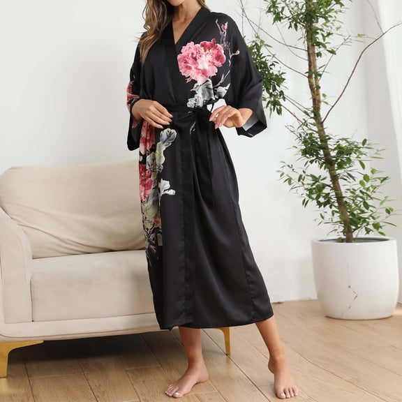 YMNXA Women's Robe 3/4 Sleeve Floral Printed Lace Up Comfortable Soft Homewear Bathrobe Sleepwear For Daily Wear Black One Size