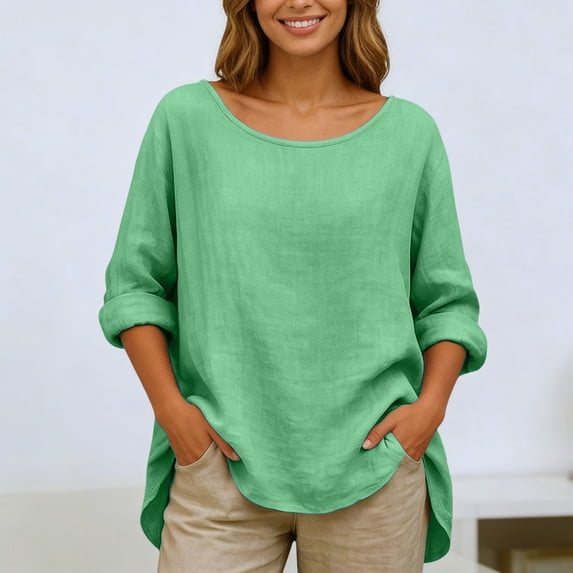 YMNXA Women's Shirts Long Sleeve Crew Neck Solid Color Comfortable Breathable Loose Fit Linen Blouse Top For Casual Daily Wear,Green,Xxl