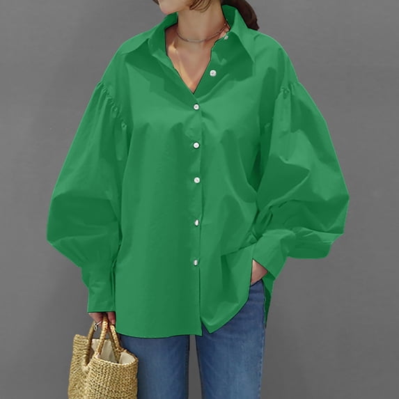 YMNXA Women's Shirts Long Sleeve Lantern Sleeve Lapel Solid Color Button Down Comfortable Elegant Loose Fit Blouse Top For Casual Daily Wear,Green,Xxl