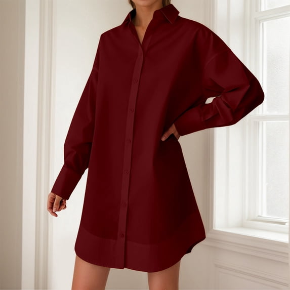 YMNXA Women's Shirts Long Sleeve Lapel Solid Color Button Down Comfortable Elegant Loose Fit Blouse Top For Casual Daily Wear,Wine,M