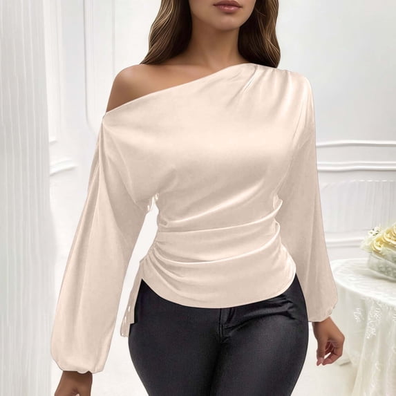 YMNXA Women's Shirts Long Sleeve Slash Neck Solid Color Comfortable Breathable Elegant Satin Blouse Top For Casual Daily Wear,Beige,L