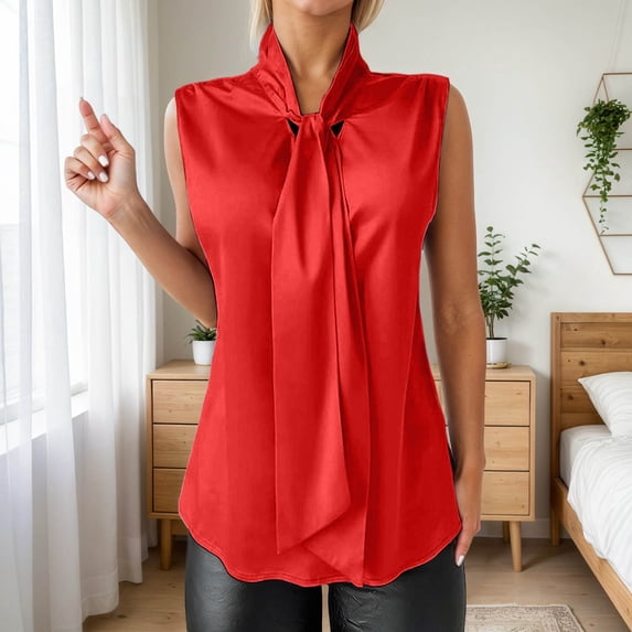 YMNXA Women's Shirts Sleeveless Solid Color Bow Tie Detail Lace Up Comfortable Elegant Satin Tank Top For Casual Daily Wear,Red,Xl
