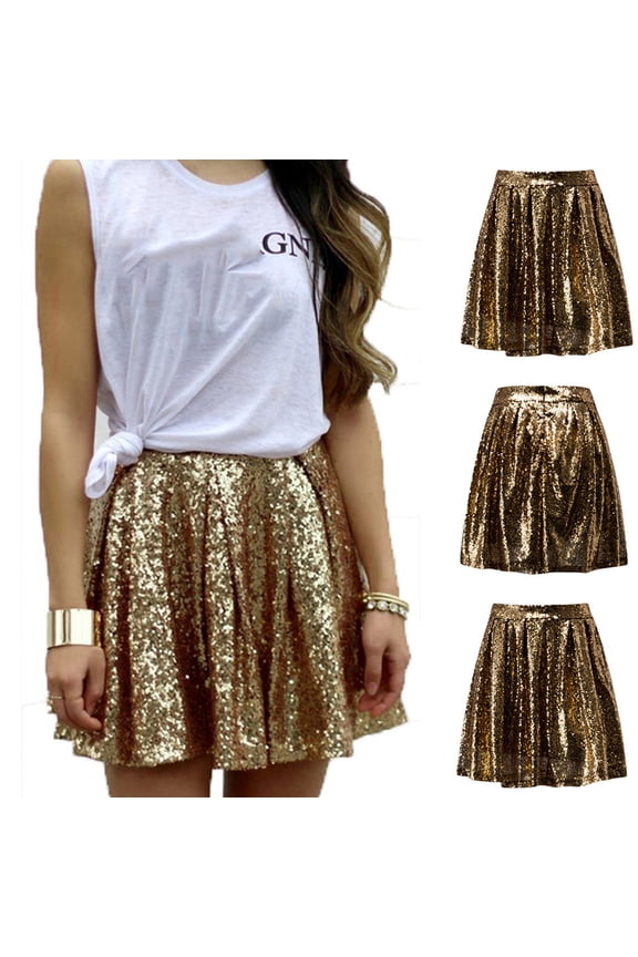Women's Skirt High Waist Solid Color Sequin Pleated Fashion Comfortable Mini Skirt For Party Gold L