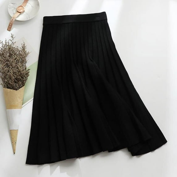YMNXA Women's Skirt High Waist Solid Color Thick Knitted Pleated Mid Length A Line Fashion Comfortable Skirt For Daily Wear Black L