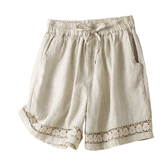 YMNXA Women's Summer Shorts Drawstring Elastic Waist Solid Color Hollow Out Lace Breathable Comfortable Shorts With Pockets For Casual Daily Wear,Beige,Xl