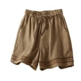 thumbnail image 1 of YMNXA Women's Summer Shorts Drawstring Elastic Waist Solid Color Hollow Out Lace Breathable Comfortable Shorts With Pockets For Casual Daily Wear,Khaki,M, 1 of 2