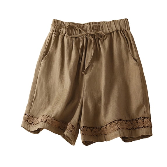 YMNXA Women's Summer Shorts Drawstring Elastic Waist Solid Color Hollow Out Lace Breathable Comfortable Shorts With Pockets For Casual Daily Wear,Khaki,M