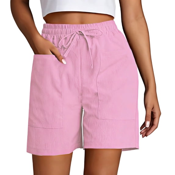 YMNXA Women's Summer Shorts Drawstring Elastic Waist Solid Color Wide Leg Comfortable Breathable Shorts With Pockets For Everyday Wear,Pink,S