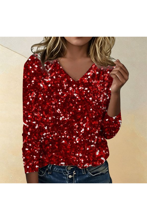 Women's T Shirt Long Sleeve V Neck Shiny Sequins Elegant Comfortable Blouse Top For Casual Daily Wear,Red,S