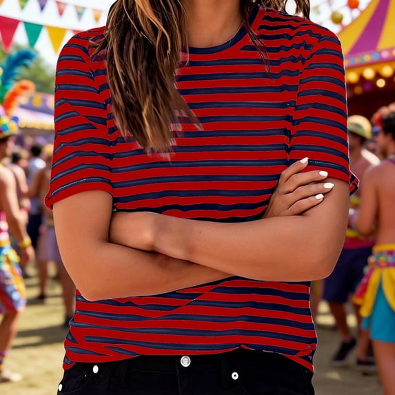 YMNXA Women's T Shirt Short Sleeve Round Neck Striped Print Fashion Comfortable Breathable Tee Top For Casual Daily Wear,Red,Xl