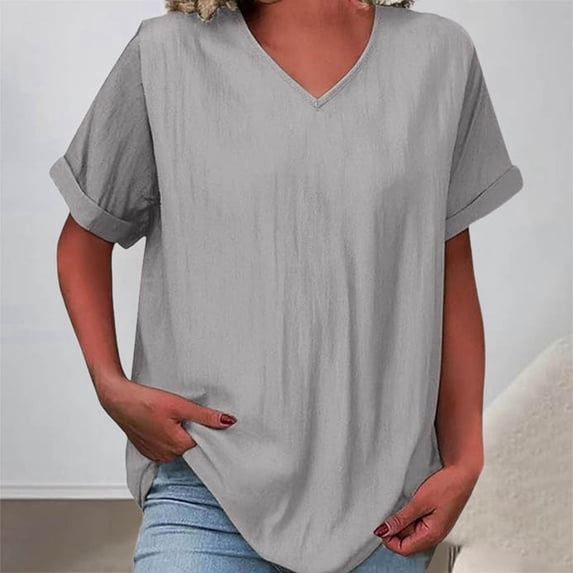 YMNXA Women's T Shirt Short Sleeve V Neck Solid Color Comfortable Breathable Loose Fit Tee Top For Casual Daily Wear,Grey,S
