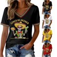 thumbnail image 1 of YMNXA Women's T Shirts Linen Short Sleeve V Neck Graphic Skeleton Embroidered Fashion Soft Breathable Tee Top For Casual Daily Wear,Black,L, 1 of 4
