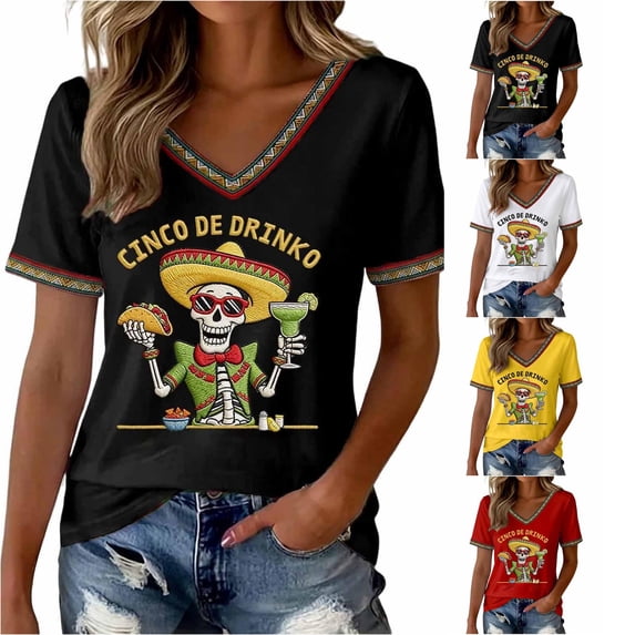 YMNXA Women's T Shirts Linen Short Sleeve V Neck Graphic Skeleton Embroidered Fashion Soft Breathable Tee Top For Casual Daily Wear,Black,L