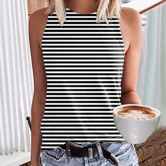 YMNXA Women's Tank Top Sleeveless Round Neck Striped Print Comfortable Breathable Basic Camisoles For Casual Daily Wear And Layering,Black,L