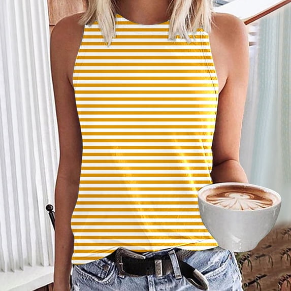 YMNXA Women's Tank Top Sleeveless Round Neck Striped Print Comfortable Breathable Basic Camisoles For Casual Daily Wear And Layering,Yellow,M