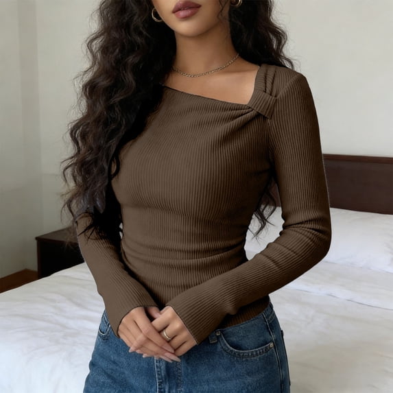 YMNXA Women's Top Long Sleeve Solid Color Asymmetric Comfortable Fashion Slim Fit Tee For Casual Daily Wear,Khaki,Xxl